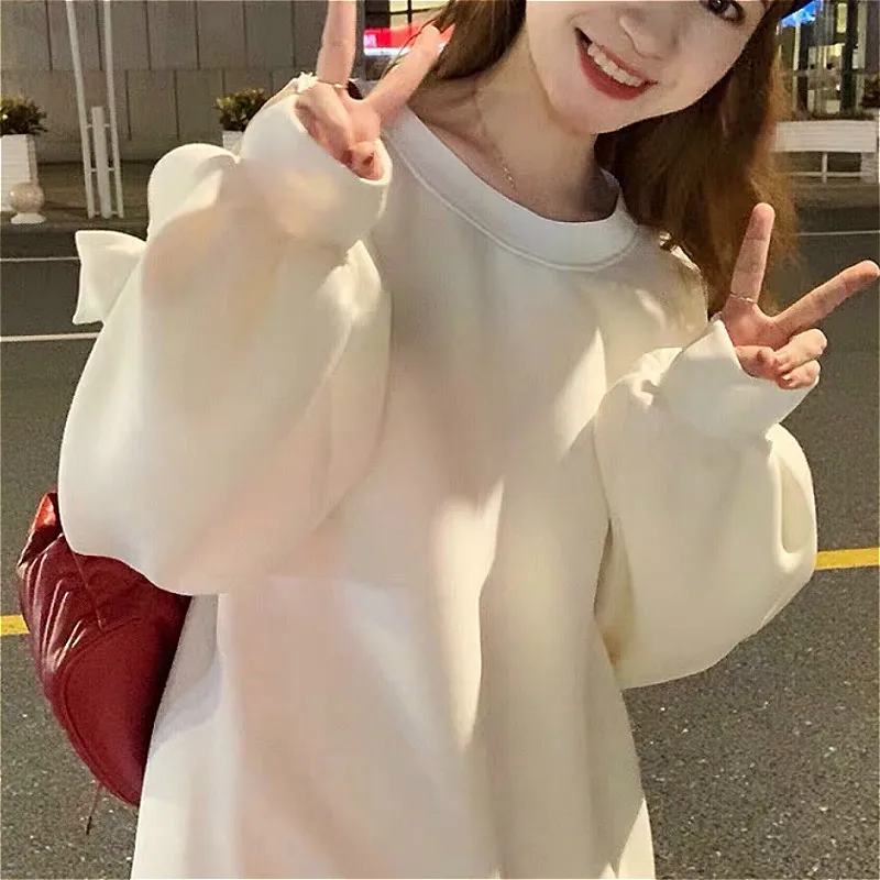 Hoodies Women Leisure College Off Shoulder Autumn Pullover O-Neck Lovely Pure All-match Sweatshirt Bow White Stylish Velvet Chic