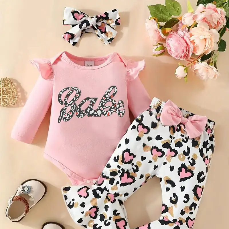 New Baby Clothes Petal Trouser Feet Heart-shaped Imitation Leopard Print Butterfly Headwear Decorative Three-piece Clothing Set