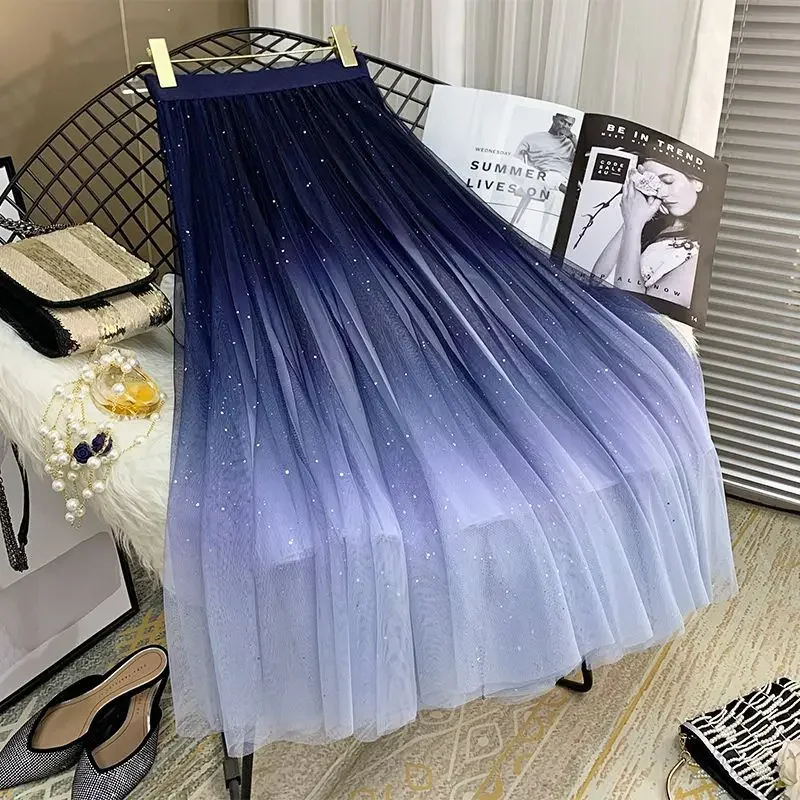 2026 New Summer Gradient Blue Mesh Skirt Women Fashion Elastic Waist Ruched Skirts Y2k Mid-length All-match Womens Clothing