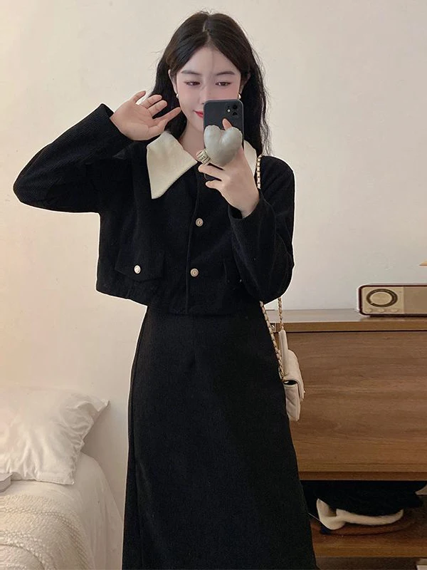 Conjunto retrô de veludo Faion outono cor Blo gola de boneca ort Jaet emagrecimento f saia terno de duas peças chinês Sle feminino...