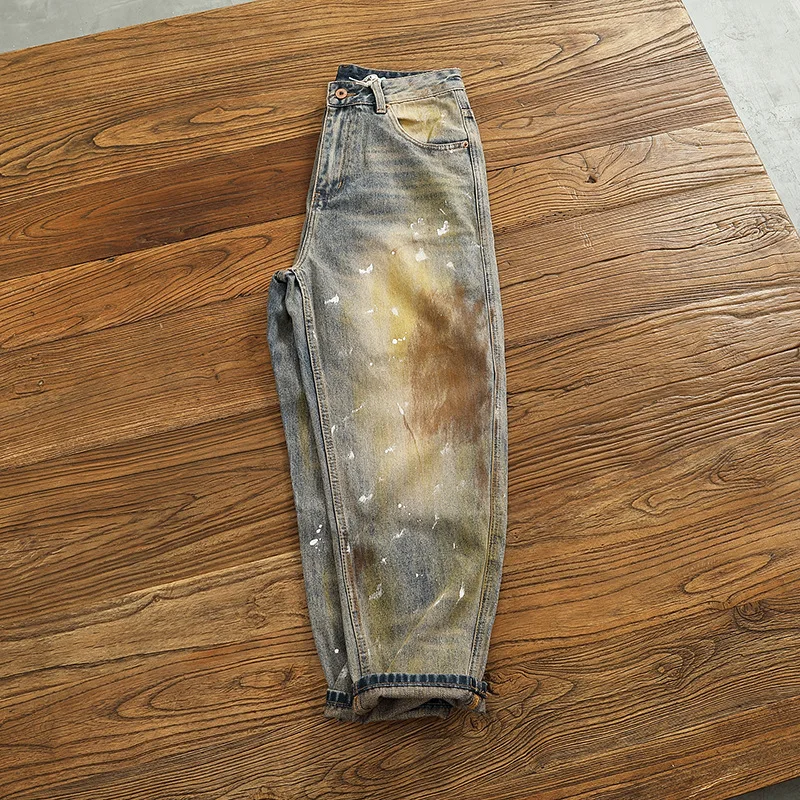جينز مستقيم الساق فضفاض ثقيل الوزن للخريف والشتاء للرجال، سروال جينز عتيق مصنوع من الحبر المرقط
