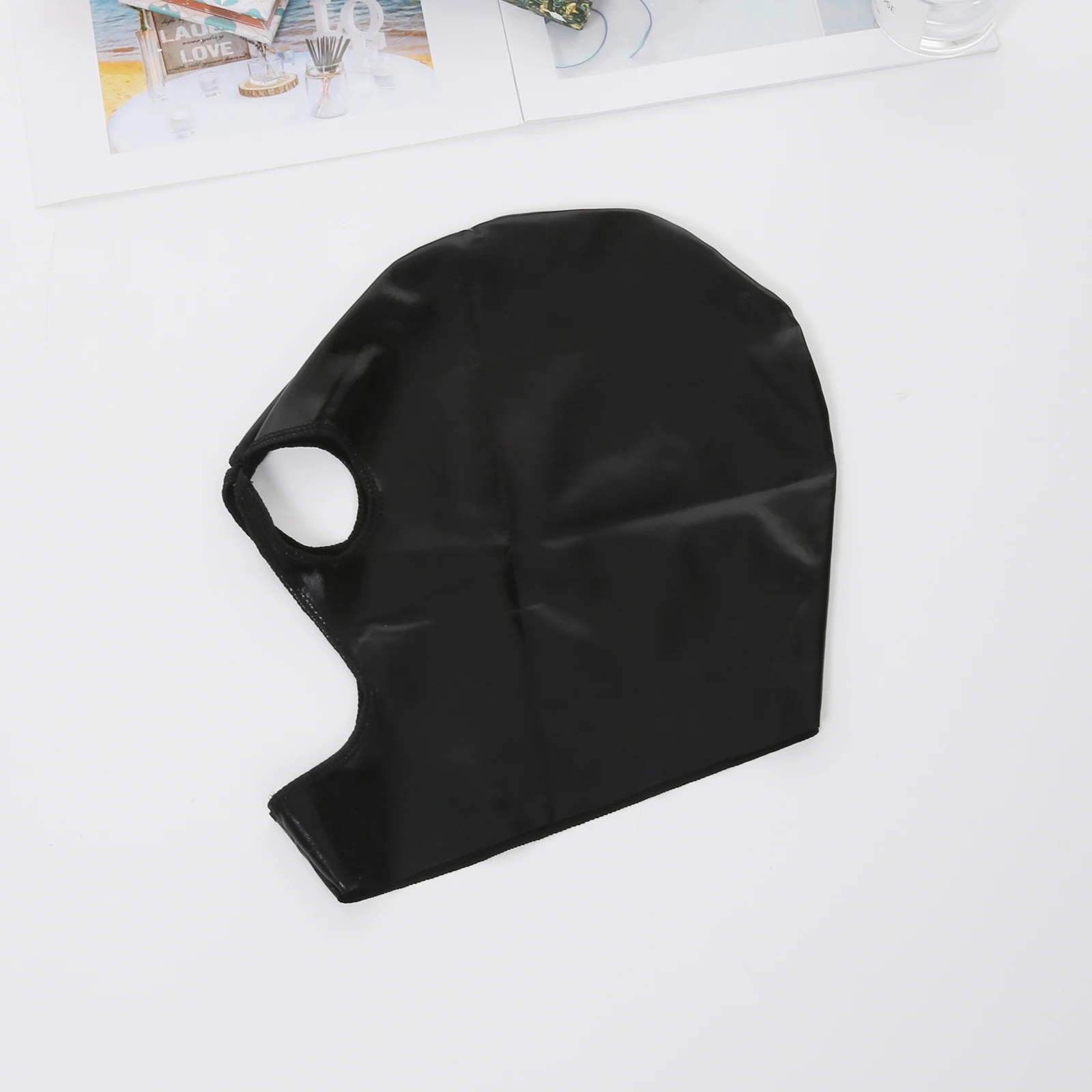 Men Cosplay Face Mask Faux Leather Unisex Wet-Look Headgear Open Eyes and Mouth Women Hood Role Play Costume image 5