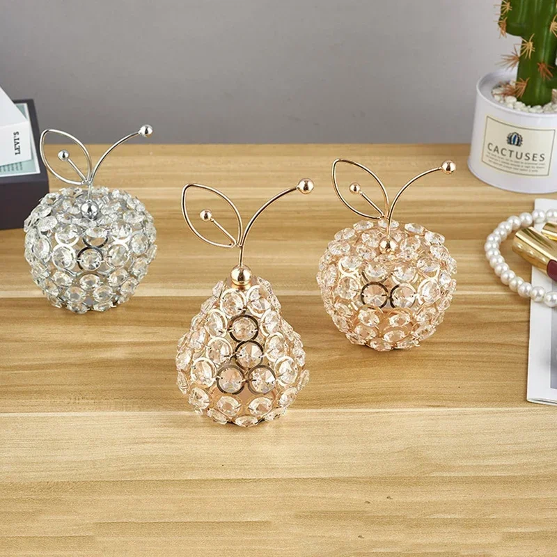 PEANDIM Gold Crystal Apple Pear Decoration For Home Birthday Gifts Office Hotel Creative Apple Pineapple Candle Holder Ornaments