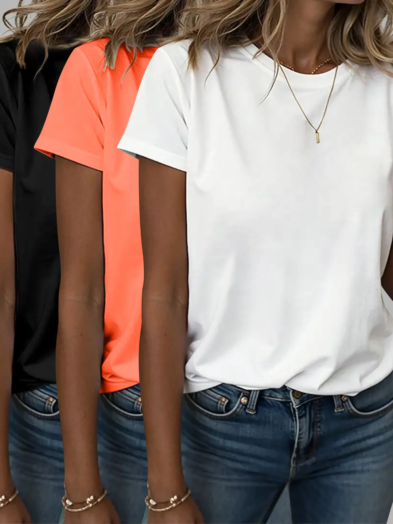 Modisches Damen-T-Shirt-Set in Unifarben mit Kurzen Ärmeln, 3-teilig – Detail 1