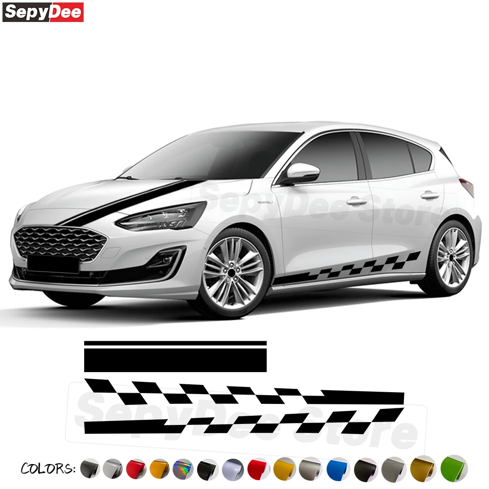 

Checkered Graphic Car Door Side Skirt Stickers Hood Bonnet Stripe Vinyl Decal for Ford Focus RS ST MK2 MK3 MK4 Car Accessories
