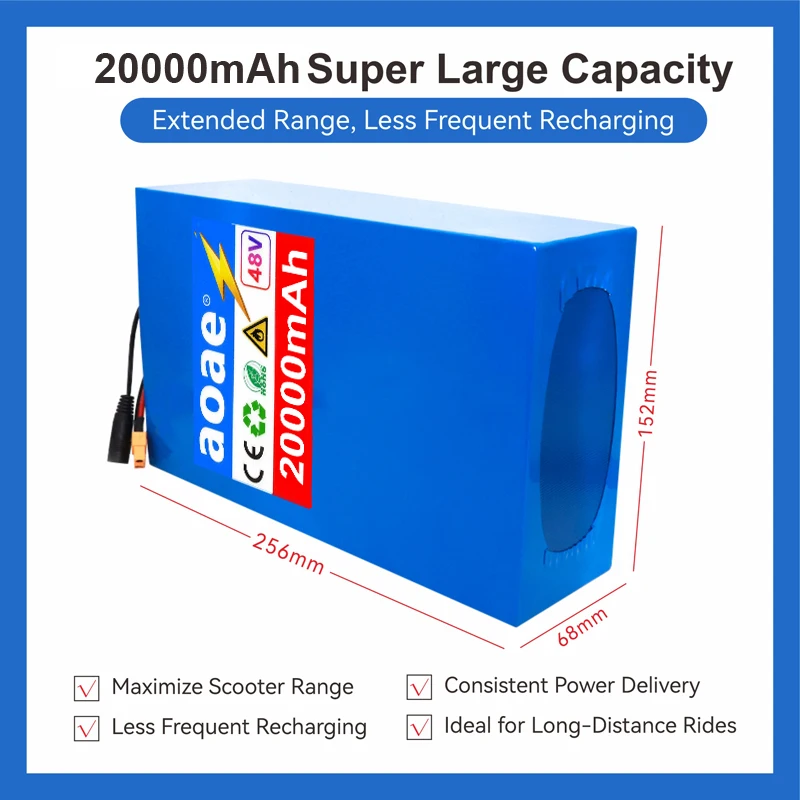 48V Electric Scooter Battery 13S8P 20Ah 18650 Grade-A Cells 2000W Built-in BMS XT60 JST High Capacity Long Range Safe & Durable