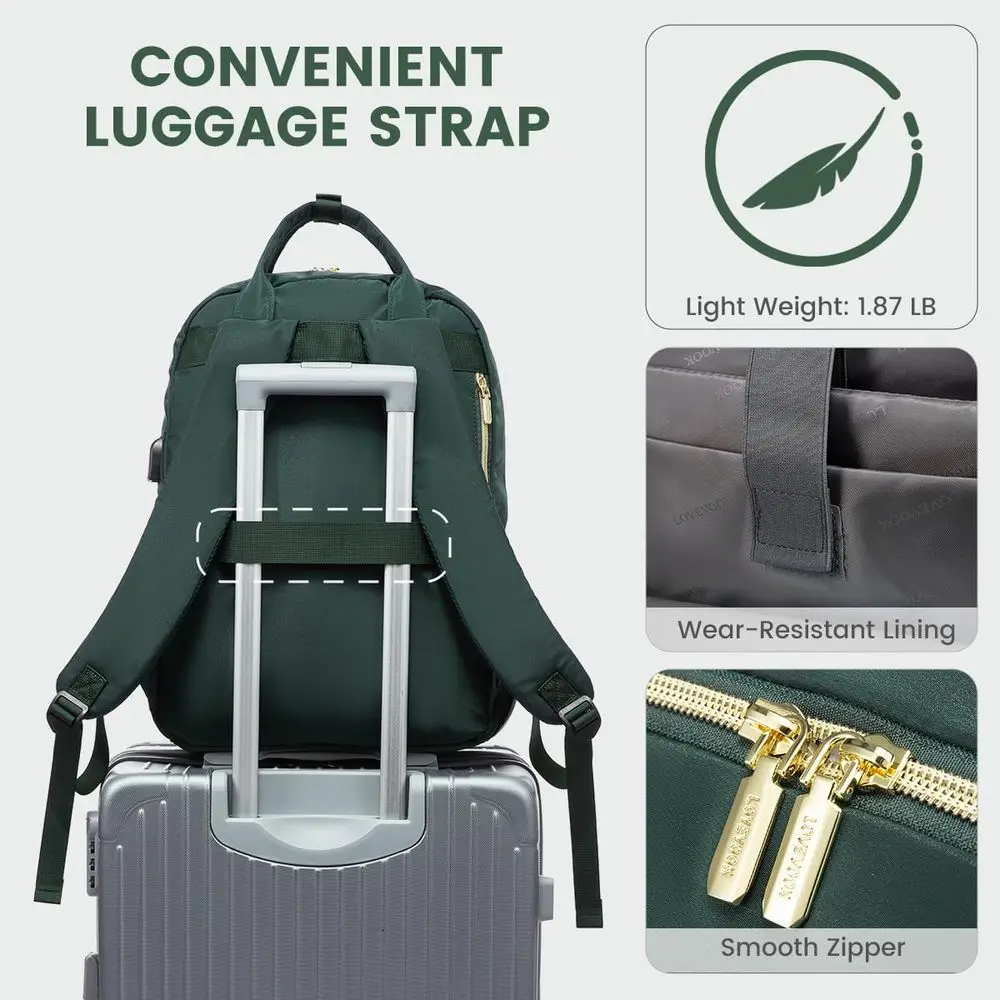 15.6 Sac à dos étanche pour ordinateur portable pour femme pour le travail et les voyages, sac à dos vert foncé pour enseignants et infirmières