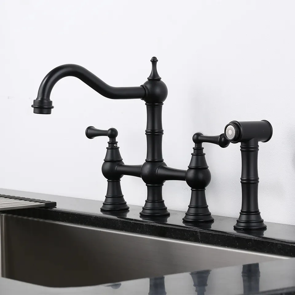 High Quality European style 4 holes Brass Kitchen Faucet Bridge with Side Sprayer,Antique Faucet for Kitchen Sink,Black