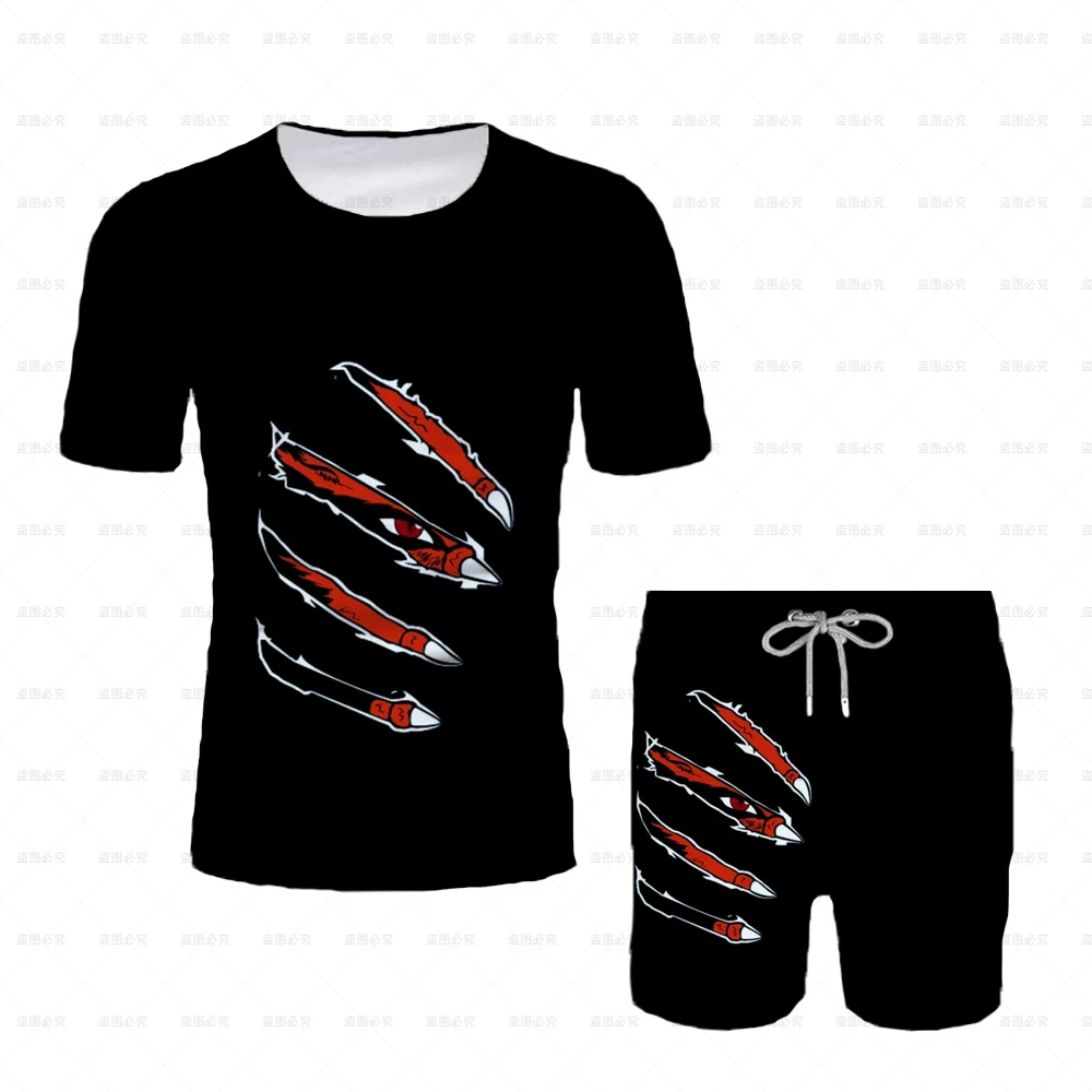 جديد 2025 اليابانية الكرتون ناروتو تي شيرت الكبار الرجال تي شيرت كامل السراويل قطعتين مجموعة الصيف الصبي الكرتون قميص جذاب + بناطيل الشواطئ