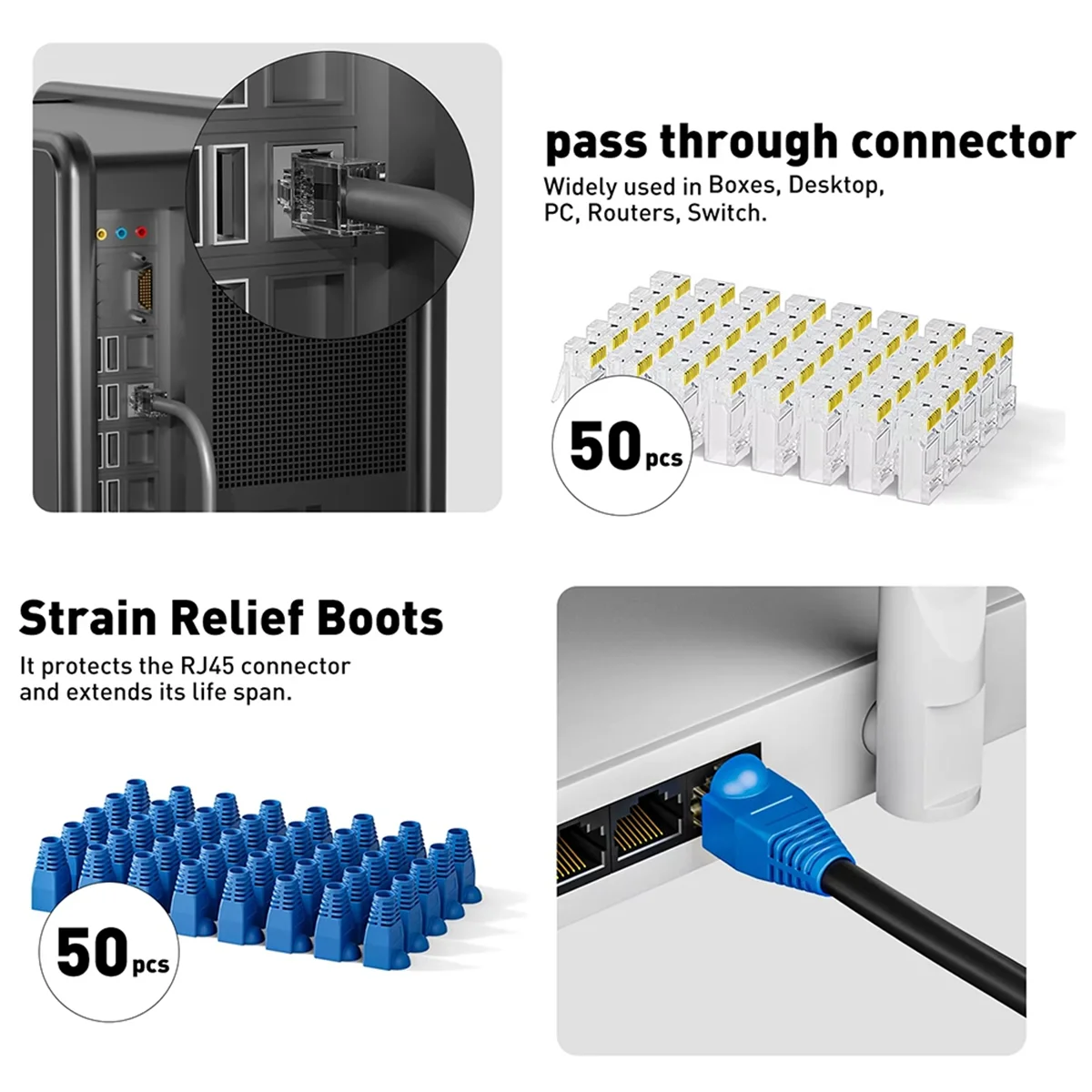 

【Flash&Deal!】{RJ45 Crimp Tool Kit with Cable Tester, Wire Cutter, Blades, 50 Cat 6 Connectors and Strain Relief Boots