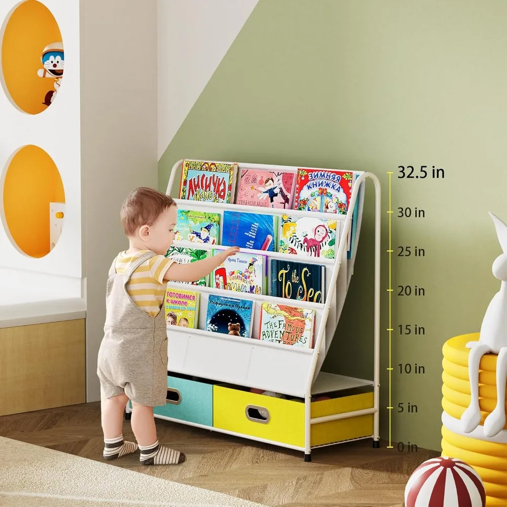 Libreria per bambini-libreria piccola a 4 livelli per camera dei bambini, scaffale per libri in metallo, scaffale per libri a tracolla e contenitore per giocattoli