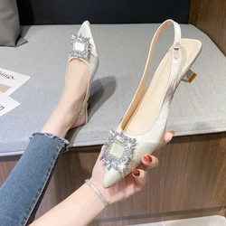 Summer Women Sandals New Women's Shoes Pointed Toe Shallow Nude Pink Diamond Shoes Low Heel Back  Shoes Women