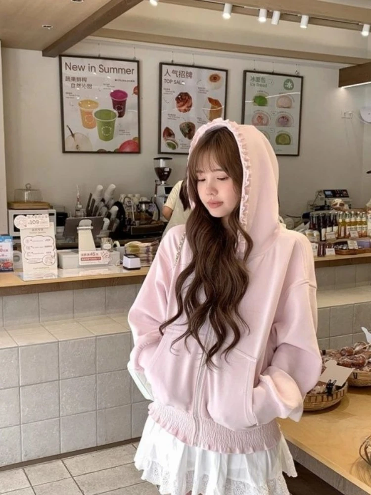

Autumn Korean Pink Zipper Hooded Sweatshirt for Women's Cute Outerwear Cardigan with Ruffle Edge Long Sleeved Top Loose Hoodie