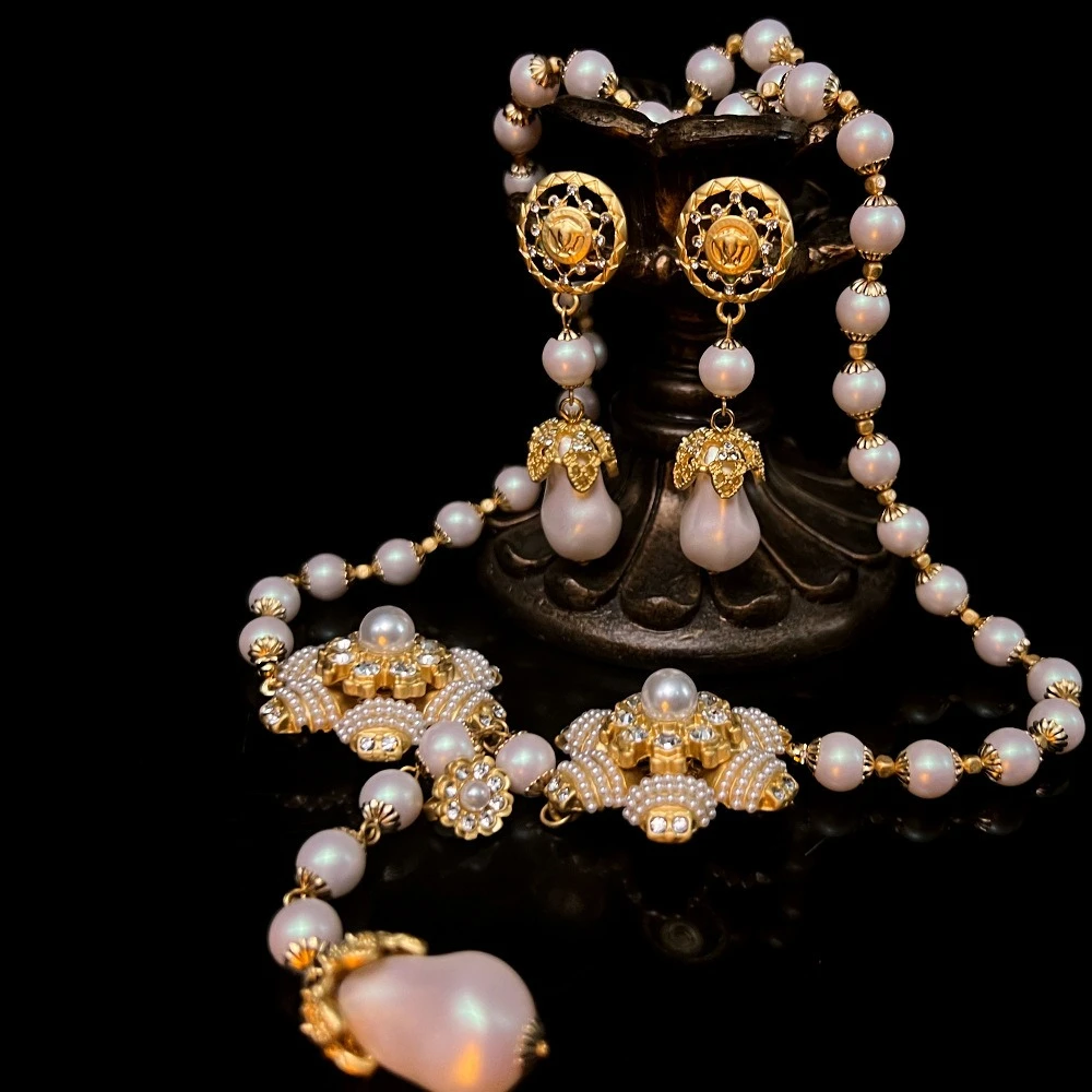 

Винтажный комплект ювелирных изделий с жемчугом, женское ожерелье в стиле барокко, серьги, браслет, позолоченный искусственный жемчуг, элегантный бижутерия, подарок