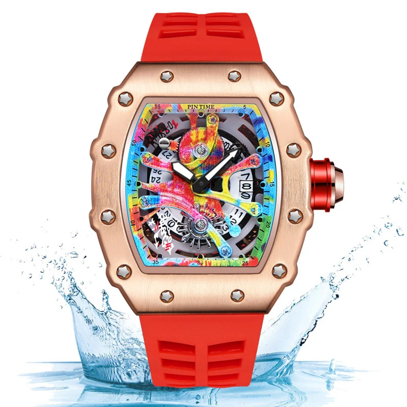 Reloj PINTIME con esfera de Hip Hop de colores de alta gama para hombre, correa de silicona, caja de acero inoxidable, reloj de pulsera de cuarzo