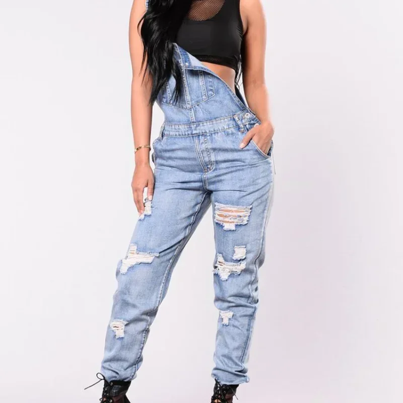 

Женские джинсовые комбинезоны-брюки до щиколотки с дырками, рваные, винтажные, на подтяжках, с карманами, повседневные