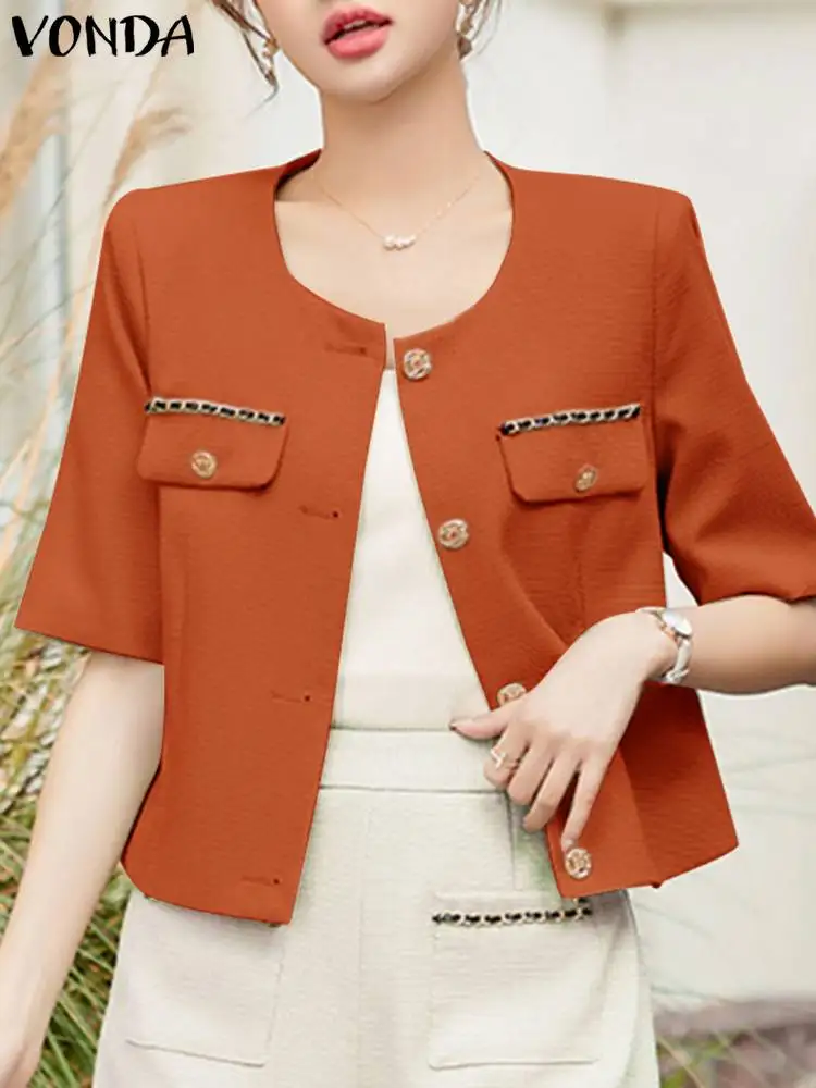 VONDA Women Fashion Blazer 2024 Short Sleeve Tops Elegant Office Shirts Solid Color Buttons Tunic Casual Loose Coats Oversized