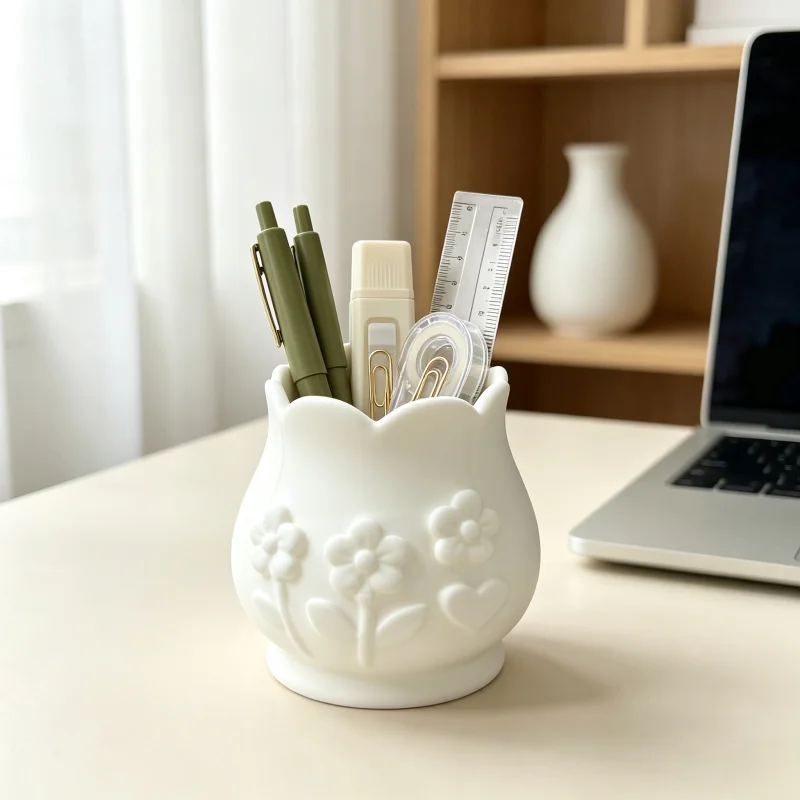 Stationery Storage Tube with White Matte Embossed Floral Design, Vintage Floral Decorative Desktop Storage Box, Large Opening Multifunctional Storage Container, for Storing Stationery and Makeup Brushes, Suitable for Office Desks, Girls' Desks, Bedroom Countertops, Desktop Decoration, Practical Gift