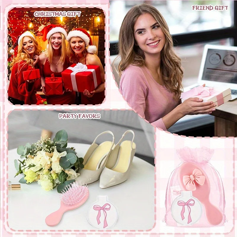 15 Stück/5 Sets Mini-Haarbürsten-Set, Partygeschenk für Frauen, Freundschaftsgeschenke, rosa Schmetterlings-Kompaktspiegel, Kartenetui – Detail 3