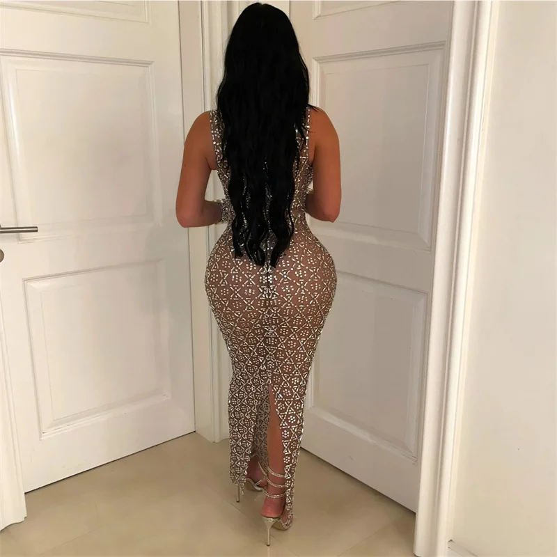 Funkelnde Strass steine Diamanten Abend Geburtstags kleid Frauen Luxus Nacht Party Tank ärmelloses Netz durch Abschluss ball lange Kleider sehen