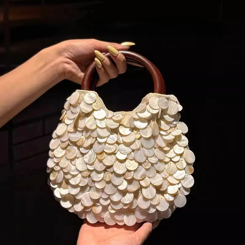 Handmade Heavy Industry Bead Handbag Embroidered Natural Shell Diagonal Totes Half Moon Crossbody Women's Wedding Part Bags Ins