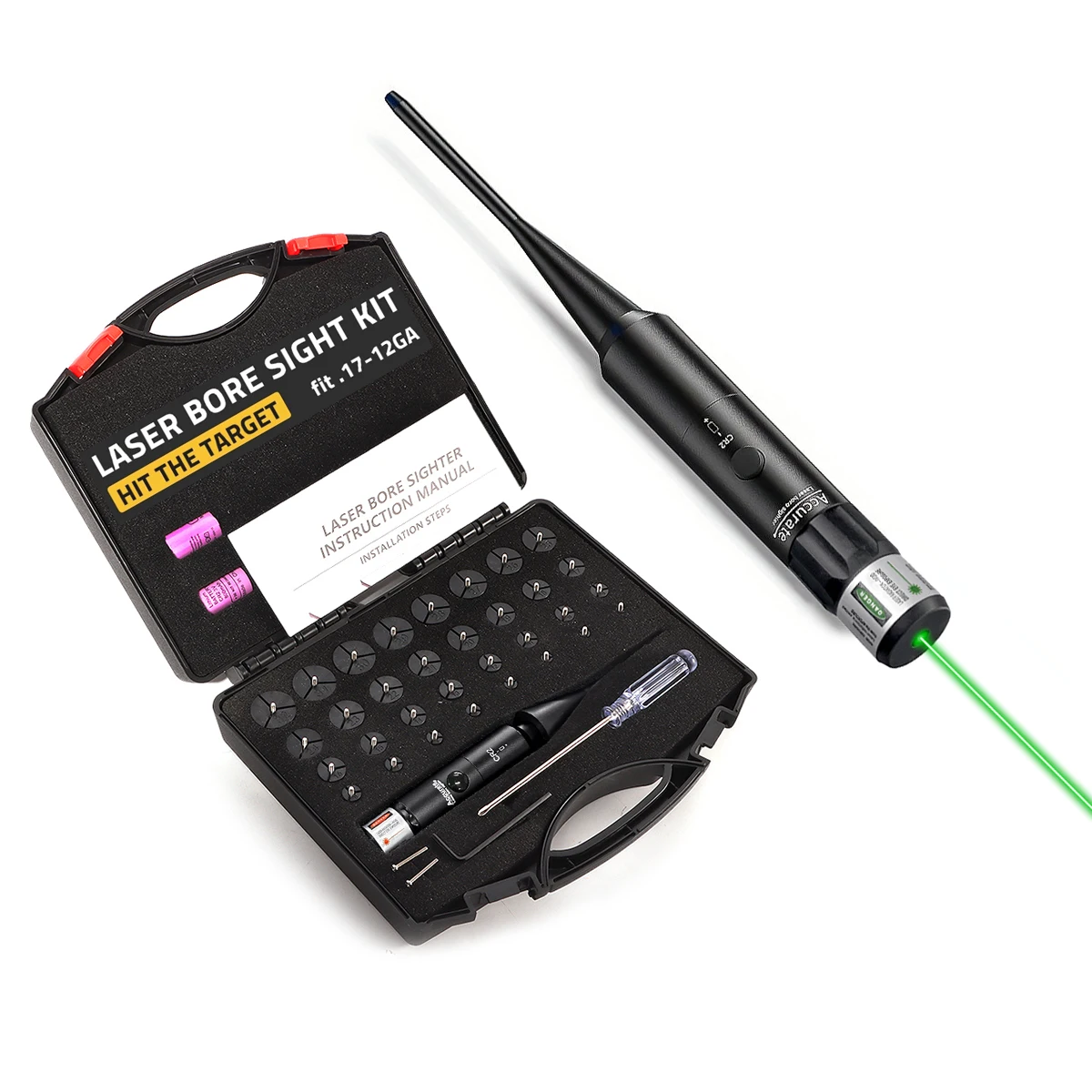 Laser Bore Sight Kit met 32 adapters, kalibers 0.17 tot 12GA, rood of groen, helder met drukknop
