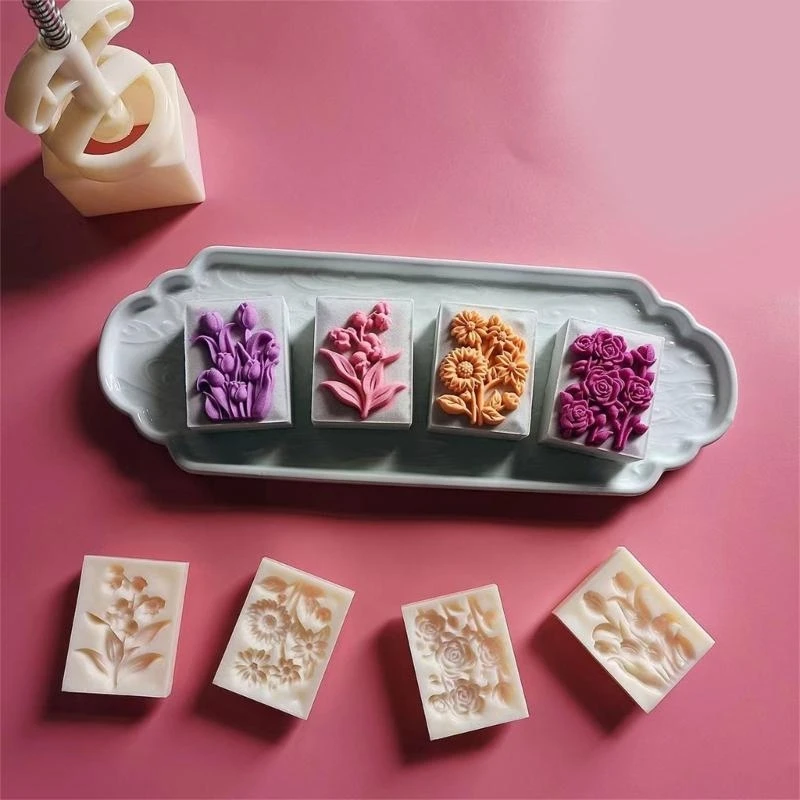 F19B Plastic Cookie Stamps Flower Pattern Chinese Mooncakes Mold Hand-Pressure Mooncake Maker DIY Pastry Tool for Mid-Autumn