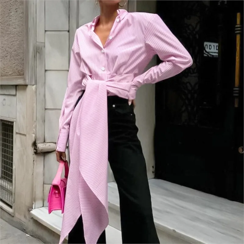 패션 스트라이프 여성 셔츠 긴팔 캐주얼 루즈 레이스업 허리 비대칭 셔츠 2025 라펠 넥 튜닉 블라우스 탑