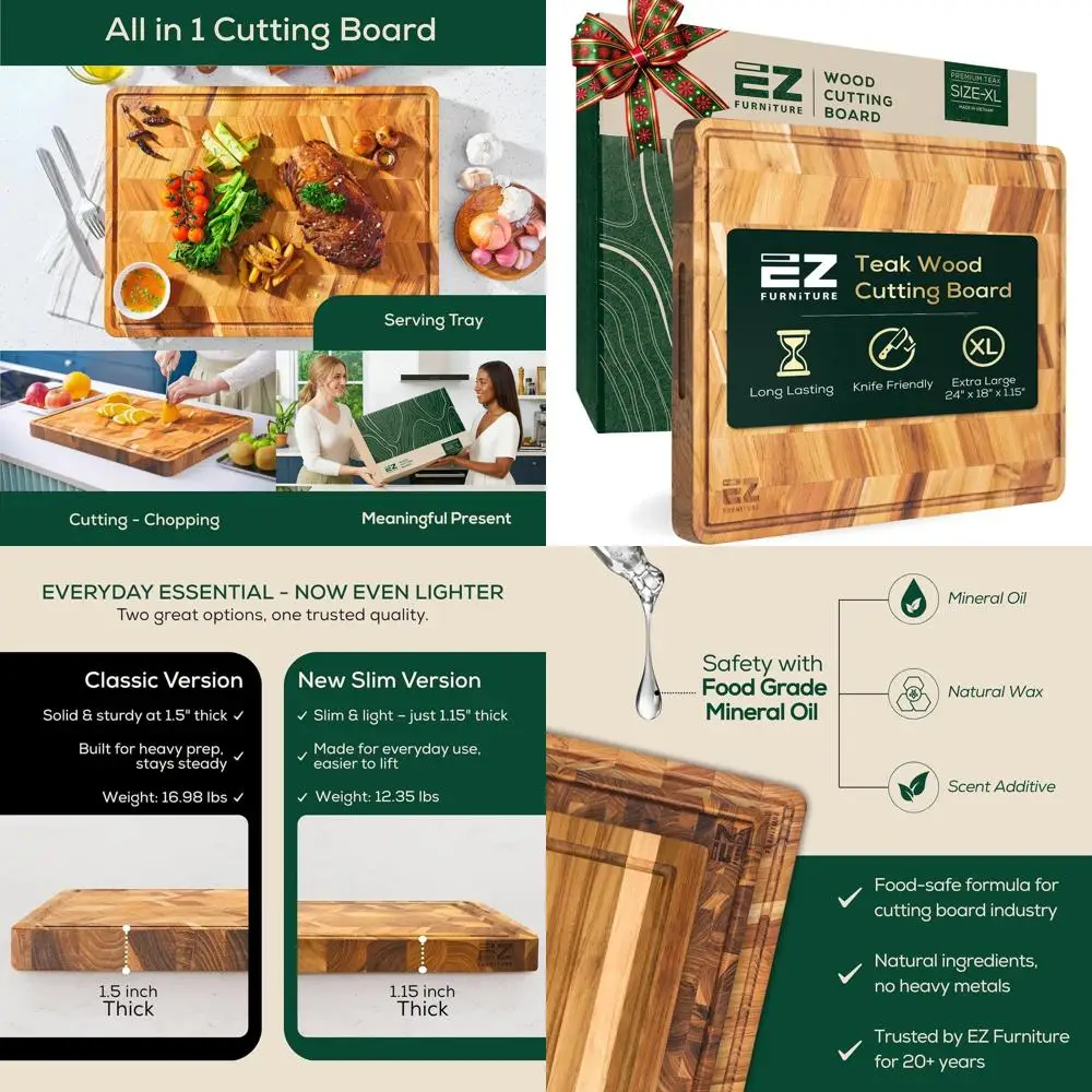 

Herringbone Teak Wood Cutting Board - XL Christmas Gift, Juice Groove, Handles, Pre-Oiled with Food-Grade Mineral Oil