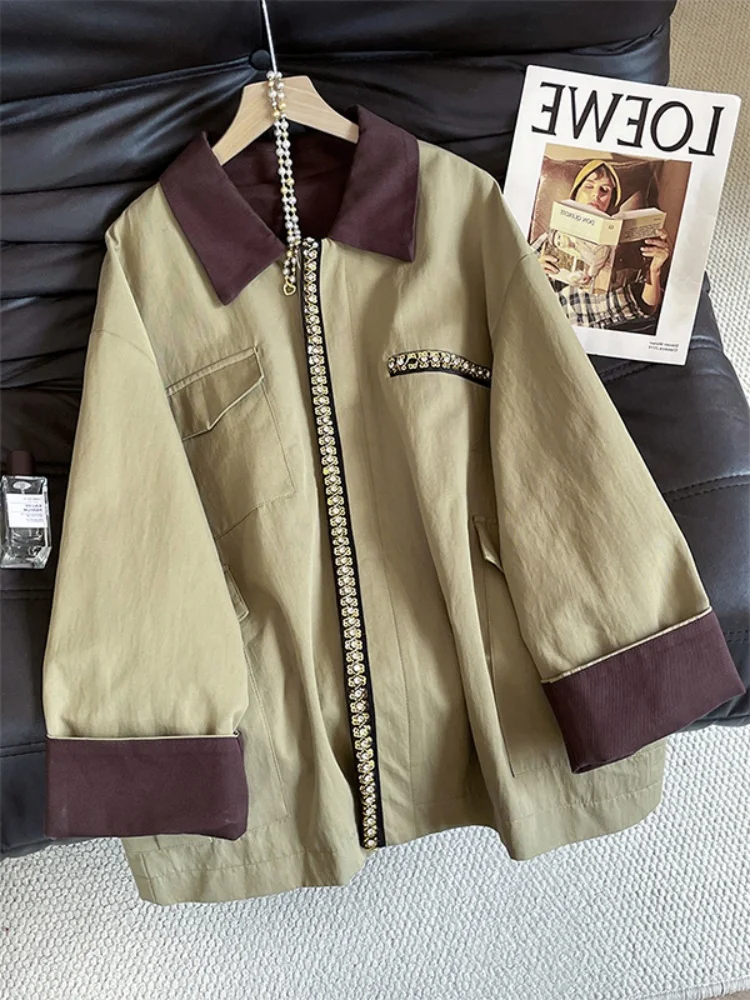 

Винтажная женская куртка в стиле пэчворк с цветными вставками и отложным воротником, свободного кроя, для весны и осени, модная универсальная верхняя одежда