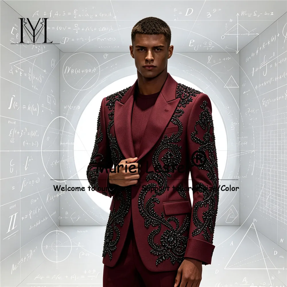 Luxury Wedding Suit For Man Black Beaded Stones Jacket Pants 2 Pieces Sets Slim Fit Groom Dinner Party Prom Blazer Man Tuxedo