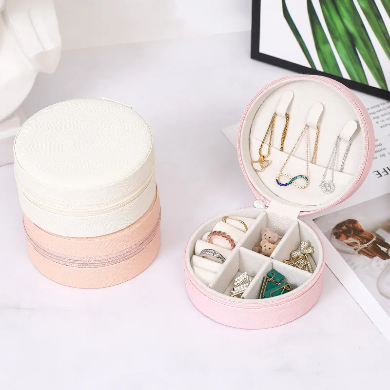 Portable Round Jewelry Box Necklaces Earrings Rings Jewelry Organizer Display Travel Jewelry Case Boxes Pu Leather Storage Box image 4