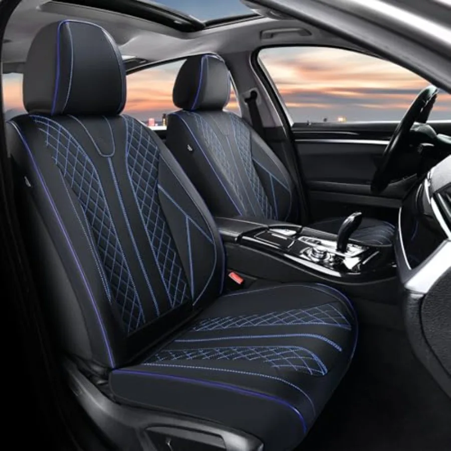 Front Seat Car Seat Covers 2 Pack Waterproof Leather Style Full Coverage Protector for Most Cars SUV Trucks Black Blue Line