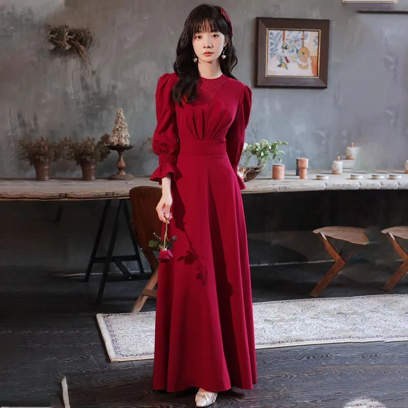 

Evening Dress Burgundy Elegant Full Sleeves O-Neck Pleat Floor-Length Zipper Back A-Line Simple Woman Formal Party Gown A2388