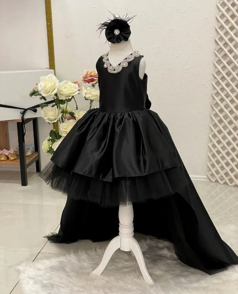 Black Puffy Princess Dress Long Skirted Baby Girl Birthday Party Gown High-Low Flower Girl Dress Christmas Prom Gown