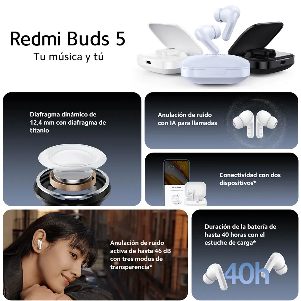 Xiaomi-auriculares inalámbricos Redmi Buds 5, dispositivo de audio con Bluetooth 5,3, cancelación activa de ruido, control táctil, hasta 46dB,