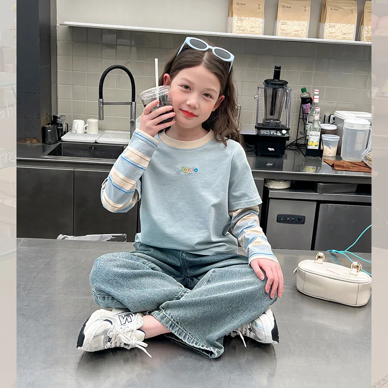 

Girls Top Spring and Autumn Korean Edition Fake Two Piece Splicing Long Sleeve Bottom Shirt Fashionable Daily Casual Wear