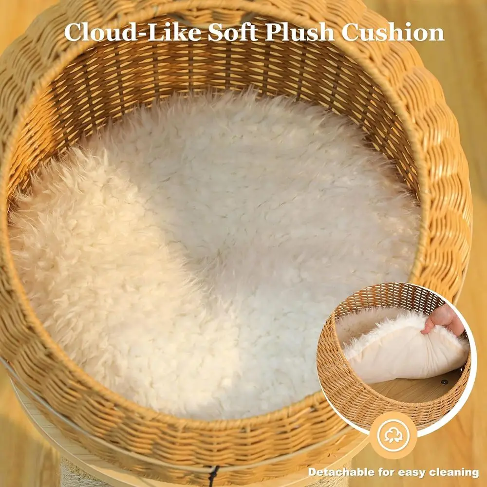 스크래칭 포스트가 있는 46 고양이 나무, 18 라탄 고양이 집, 탈부착 가능한 매트 위커 침대