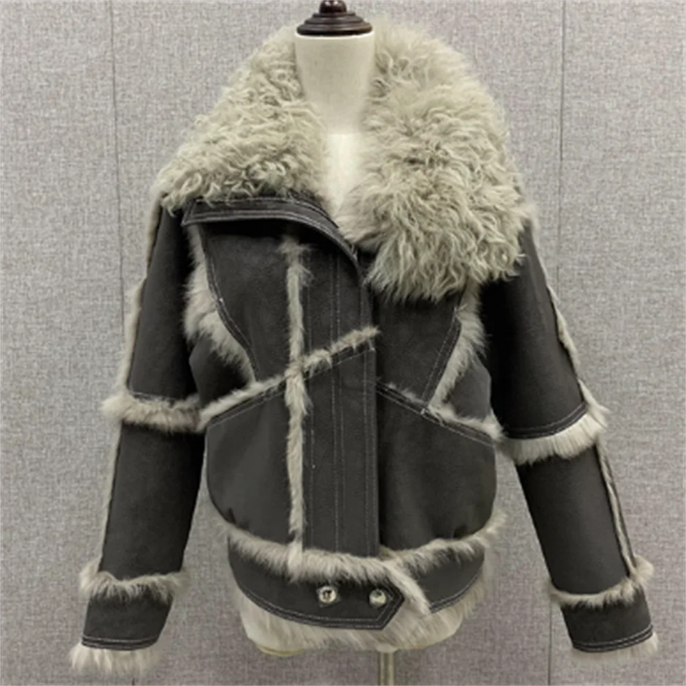 Chaqueta interior de piel de conejo de gamuza para mujer, cuello de lana de cordero, retro, invierno, nuevo