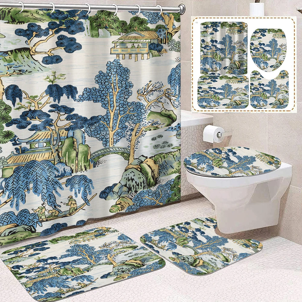 4-piece retro landscape house picture printed waterproof shower curtain with 12 hooks and bathroom floor mats