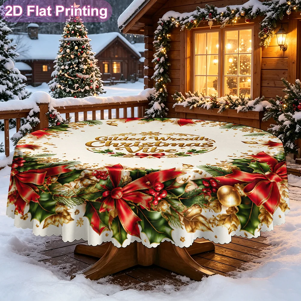 1 round Christmas tablecloth with gilt wreath - elegant style, suitable for weddings, birthdays, parties, fabric material