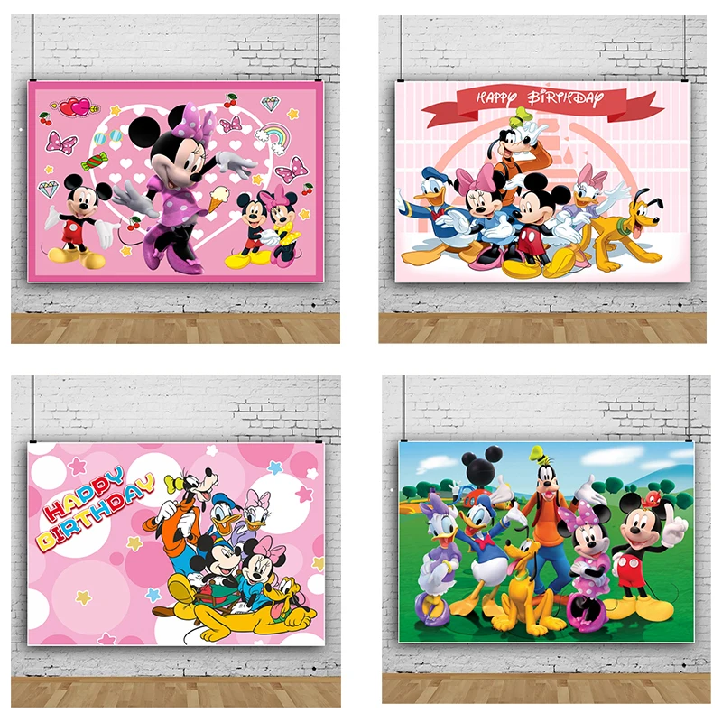 125/150cm Disney Mickey Minnie Mouse Cartoon Theme Kids Happy Birthday Background Baby Shower Boy or Girl Photography Banner