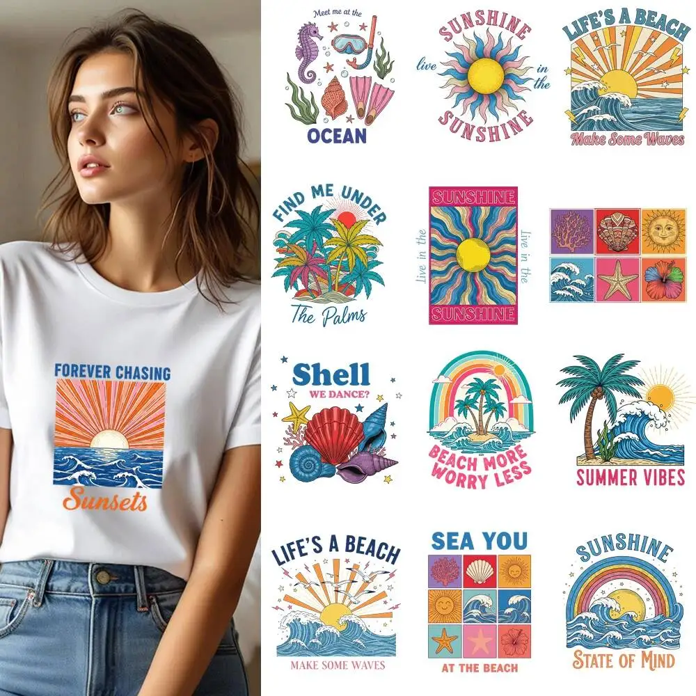 

25CM Sunshine Shell Life's A Beach Transfer Patches For Clothes Stickers DIY A-Level Washable Shirt Iron-on Thermal Stickers