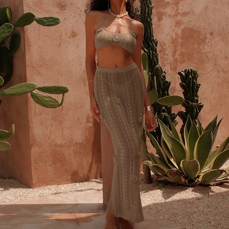 Neue Stil Tie Up Top Schlank Rock Anzug Gestrickte Beachwear Cover Up Mit Blume Dekoration Sexy Mode Aushöhlen Urlaub Abdeckung-Up