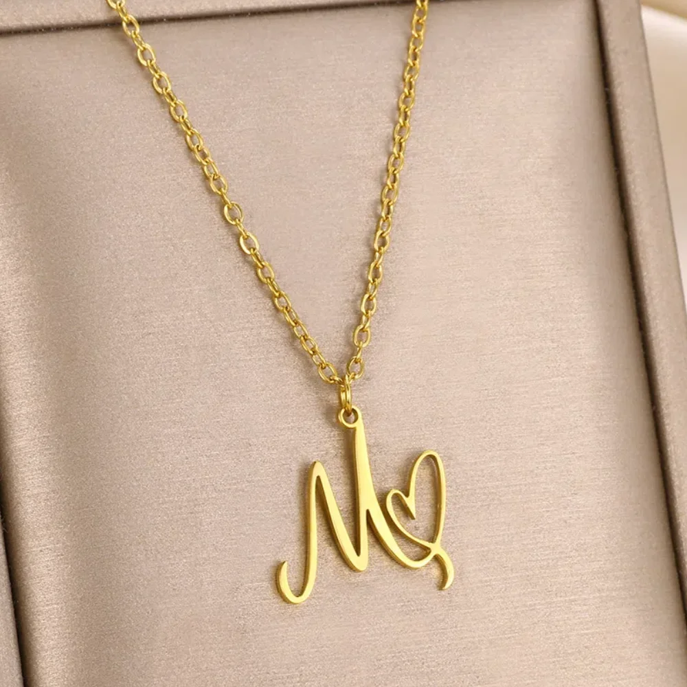 Trendy Heart Letter Pendant Necklaces For Women Gold Color Stainless Steel Jewelry Alphabet Initial Choker Valentine\'s Day Gift