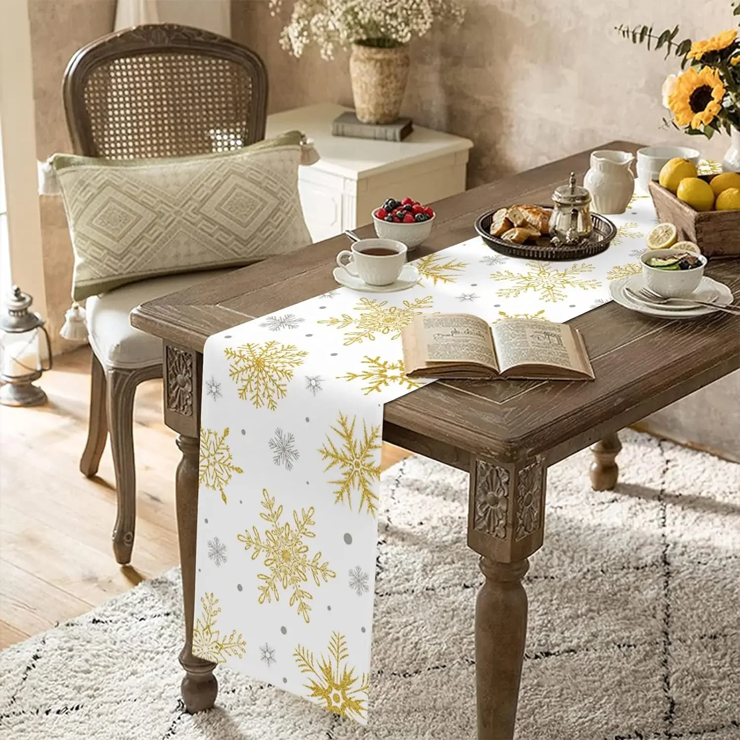 Christmas Gold Grey Snowflake Linen Table Runners Dressers Scarves Table Decor Xmas Dining Table Runners Christmas Decorations