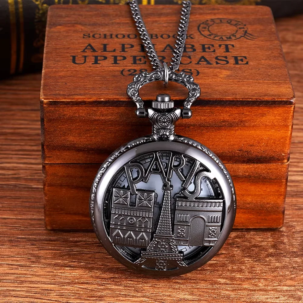 Black bad watch hollowed-out PARIS tower Tower Castle pocket watch Quartz pocket watch nostalgia