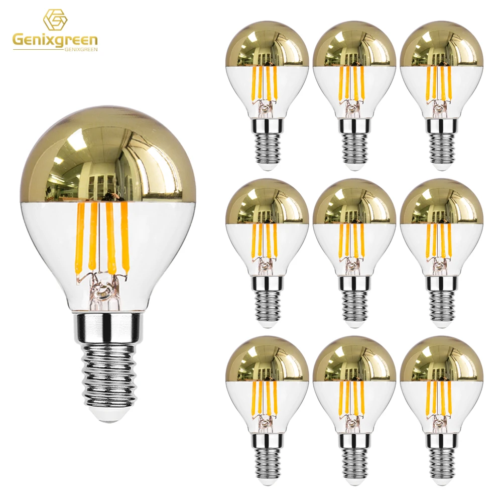 Genixgreen E12 E14 Dimmable Gold Mirror Light Bulbs G45 Tipped Half Chrome Warm White 2700K Decorative Chandelier LED Globe Bulb