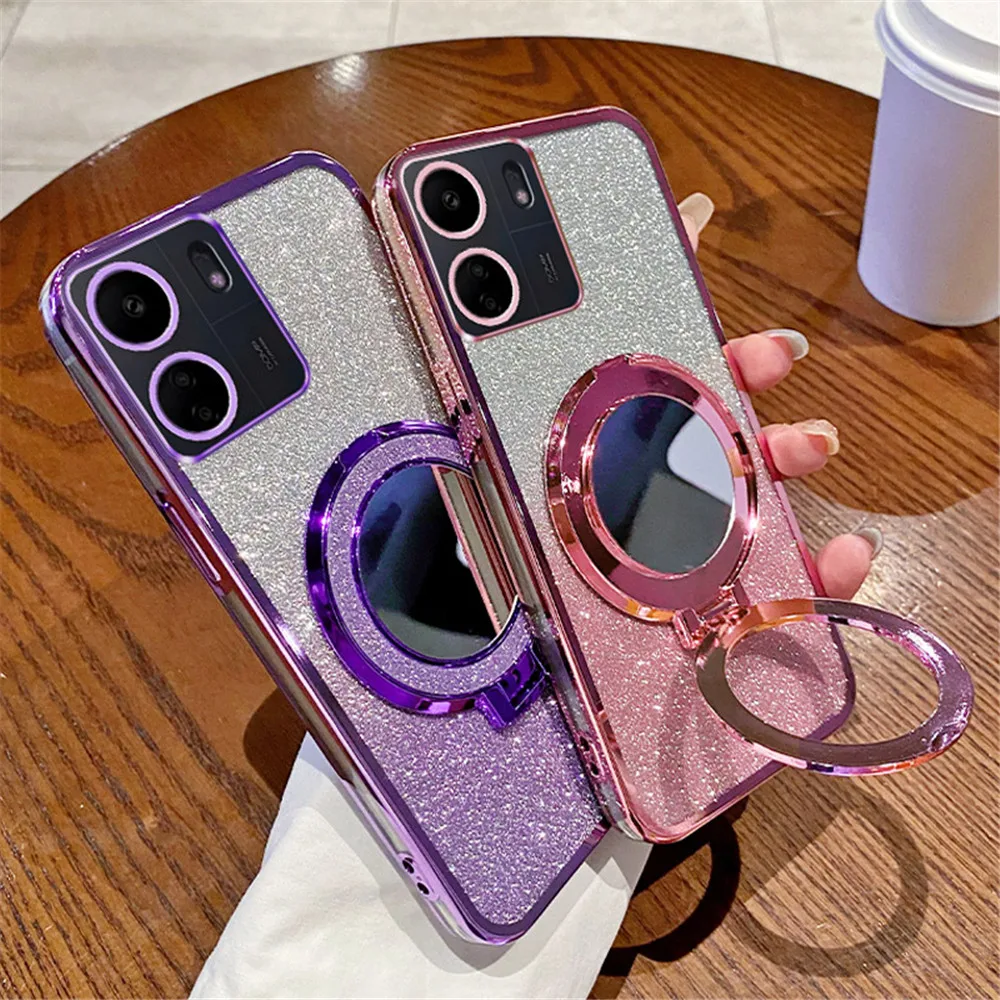 Gradient Glitter Mirror Ring Stand Phone Case For Xiaomi Redmi A3 13C 12 12C 10 10C 10A 9 9C 9A A1 Plus Soft Silicone Back Cover