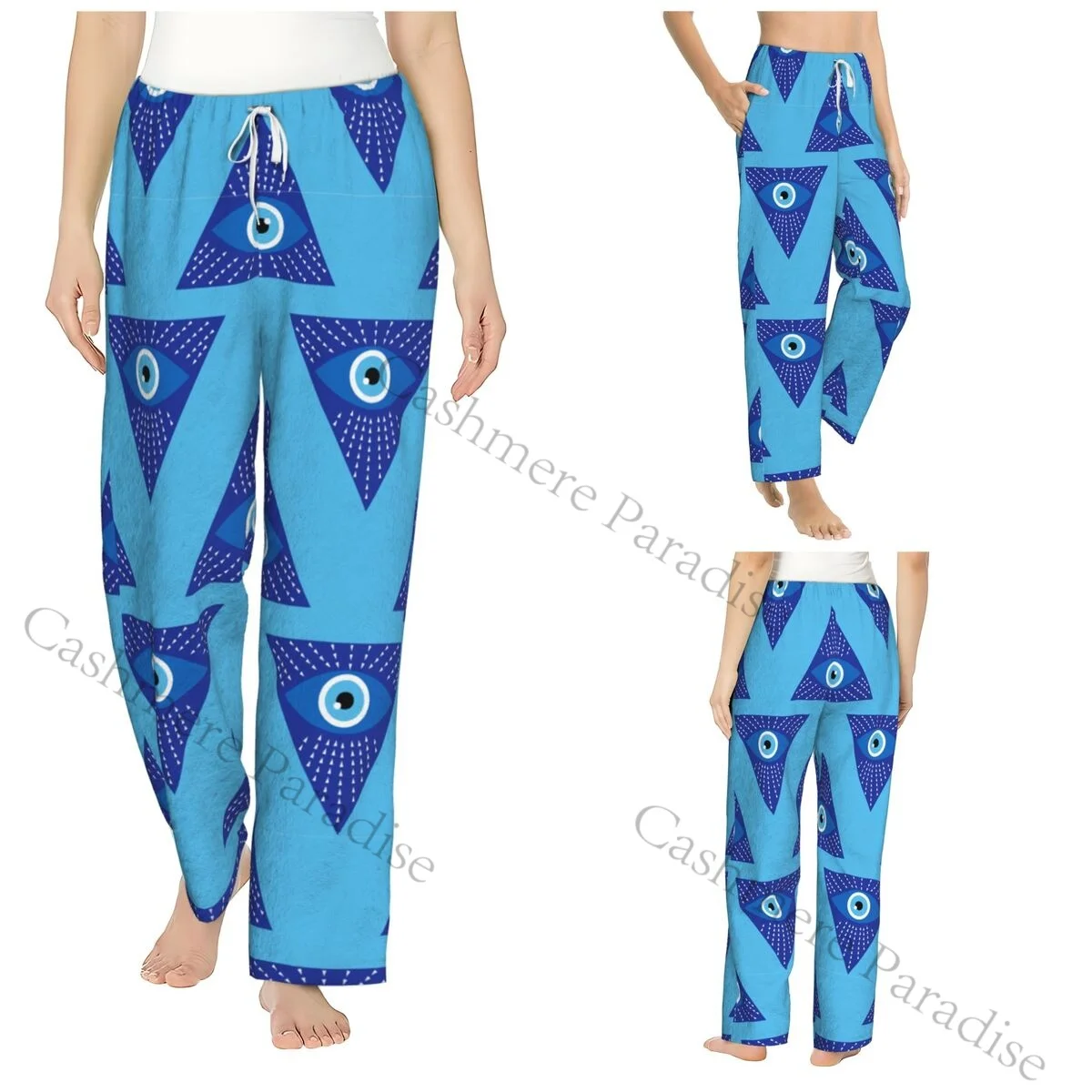 

Mediterranean Blue And Gold Evil Eye Cozy Flannel Pajama Pants for Women Sleep Bottoms Home Loungewear